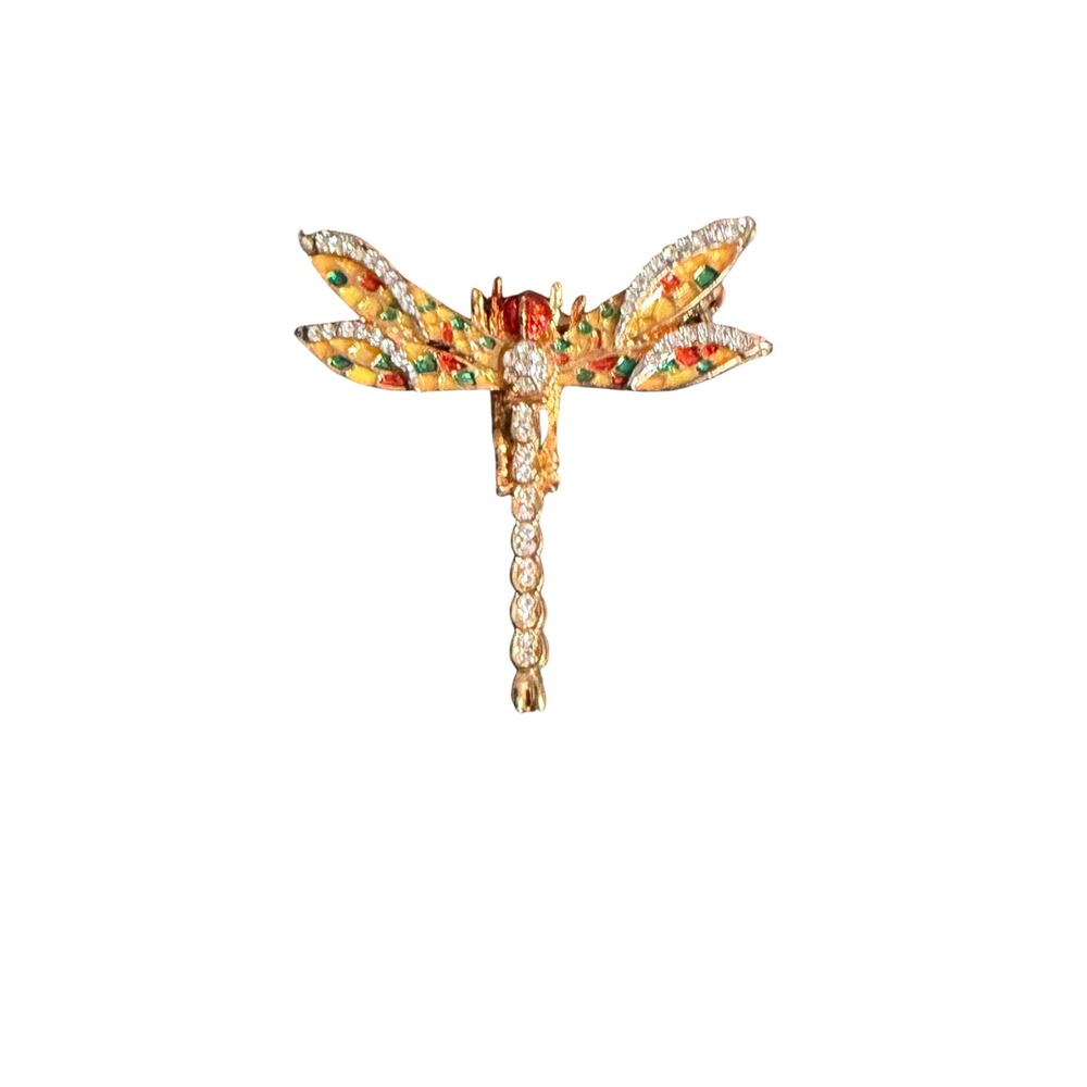 Vintage Dragonfly Brooch Gold Tone Enamel Rhinestone Insect Pin Multi Color